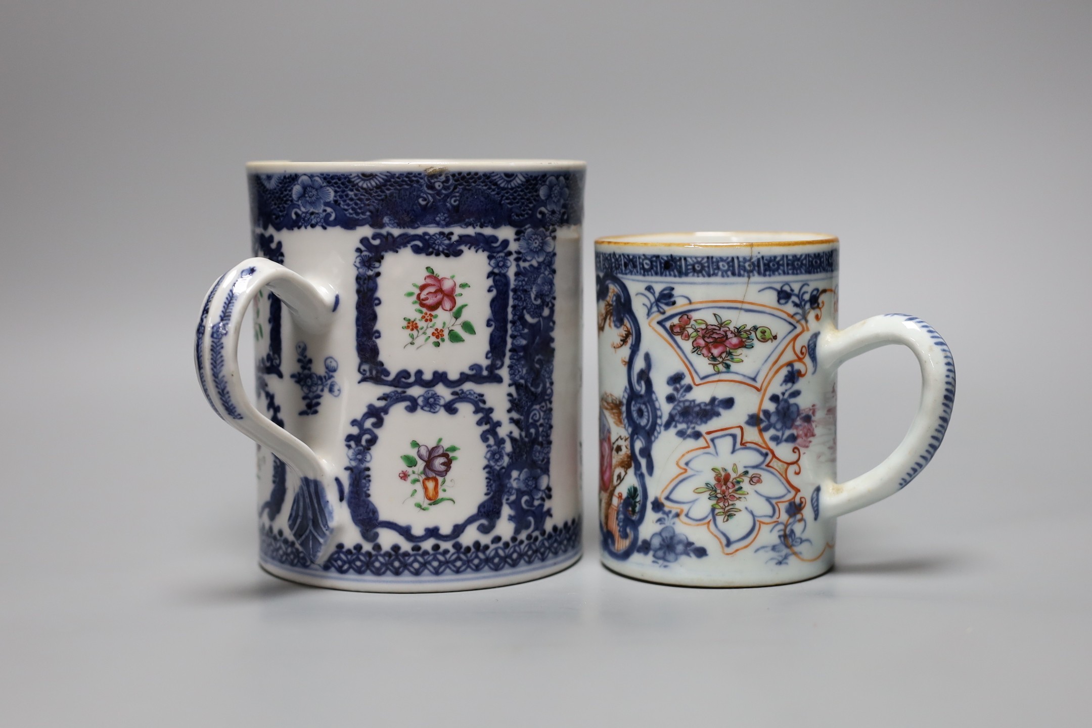 Two 18th century Chinese export tankards, tallest 14cm